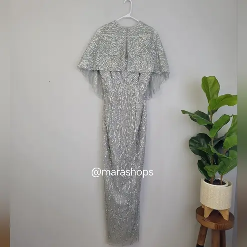 Marchesa Notte Strapless Beaded Glitter Tulle Column Gown Caplet Silver Size 8