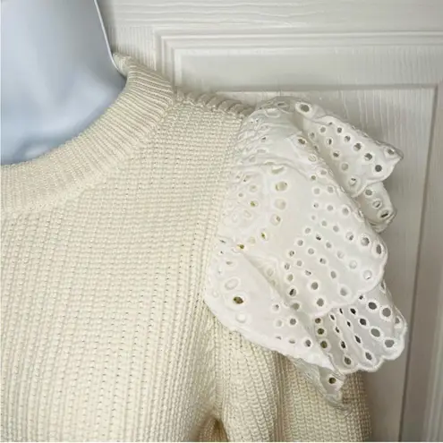 LILLA P Eyelet Ruffle Shoulder Trimmed Crew Neck Ribbed Sweater White Size L Size L
