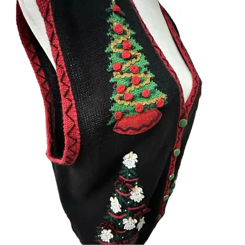 VINTAGE Ugly Christmas Tree Sweater Vest Lrg Holiday Grandma CottageCore Novelty Black Size L