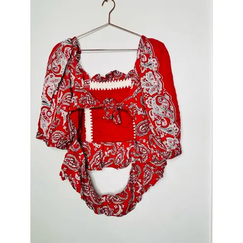 SEA Theodora Red Paisley Bandanna Print Tie Back Puff Sleeve Top Size Large