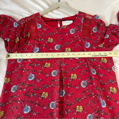 Skies Are Blue Vibrant Red Floral Chiffon Lace Detail 3/4 Sleeve Shift Dress M