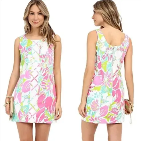 Lilly Pulitzer  Cathy Shift Dress Dont Give a Cluck Flamingo Pink Green White 00