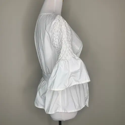 Kaari Blue White Cotton Top Sz 8 Ruffle Sleeve