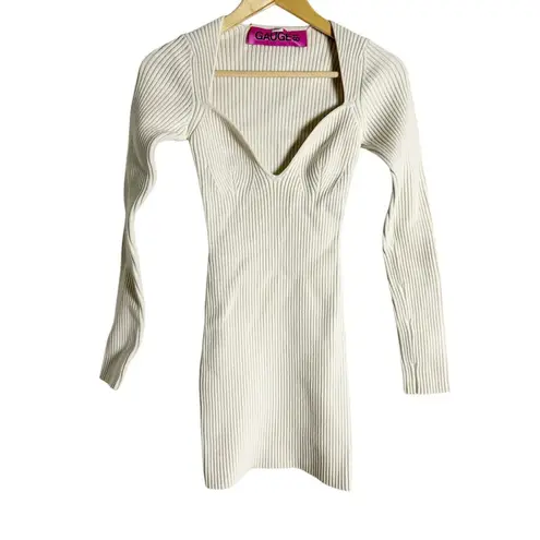 Gauge81 Mija White Ribbed Long Sleeve Wool Plunge Sweetheart Mini Dress Size XS