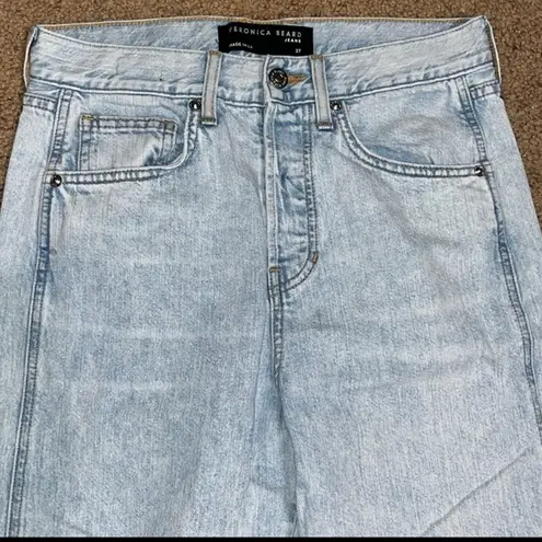 Veronica Beard Taylor Cropped Wide Leg High Waist Raw Hem Jean Pale Stone 27