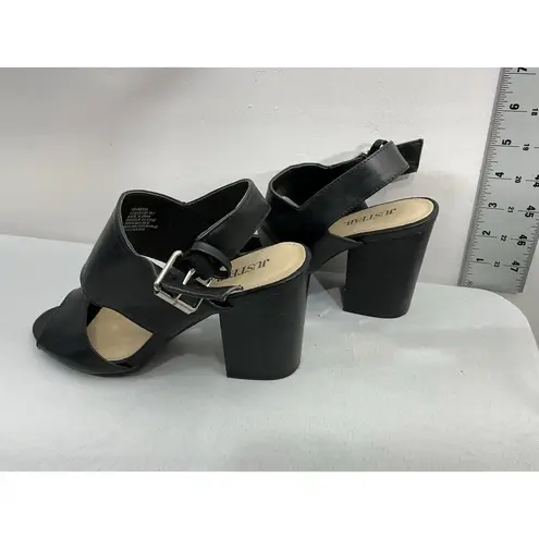 Womans Just Fab Kerston Sandals 8 Black Open Toe Strappy Buckle Close Block Heel