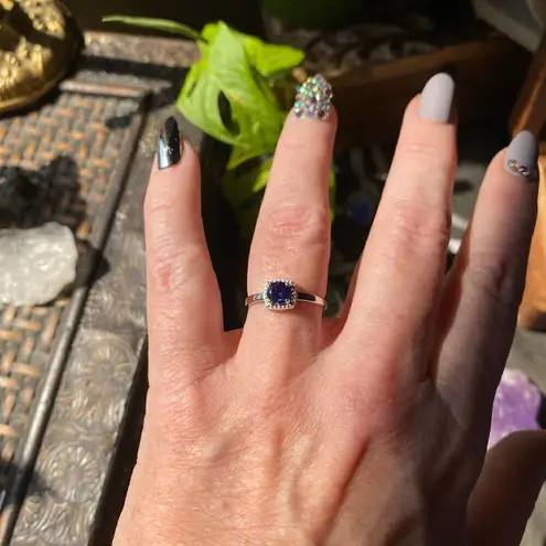 Round Tanzanite Halo & CZ Sterling Silver Ring Size 6,8 Purple