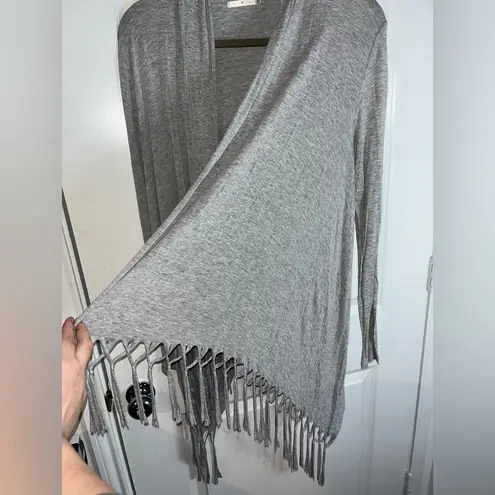 Heart & Hips Grey Stretchy Lightweight Knot Fringe Trim Detail Waterfall Cardigan