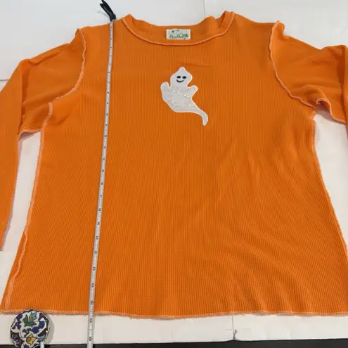 Quacker Factory Orange Sequin Ghost Halloween Waffle Knit Top Size MEDIUM