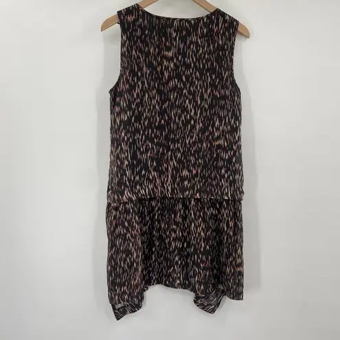 Theory  Rikina Abstract Printed Silk Mini Dress Sleeveless Drop Waist Black Tan 6