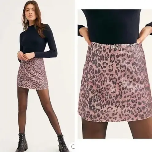 Free People  Pink Cheetah Stretch Sequin Mini Skirt