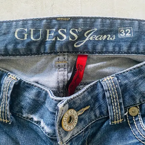 Guess Vintage Y2K  Embroidered Mid Rise Distress Jeans Denim Straight Pants Sz 32