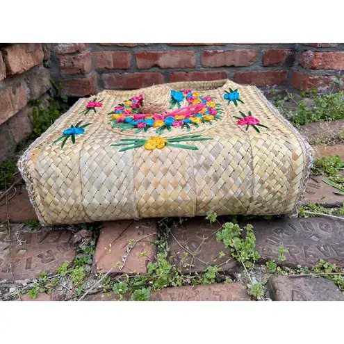 raffia straw suitcase shoulder bag floral blue pink yellow