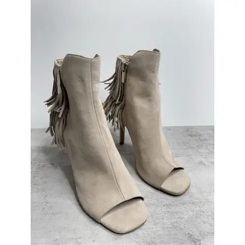 Vince Camuto Booties Size 5 Tan Suede Fringe Stiletto Heels Peep Toe
