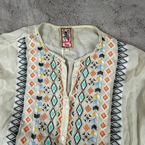 Johnny Was Embroidered Blouse Bohemian Tunic Western Top Cream Sz M Aztec Boxy