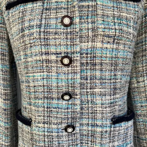 blue tweed woven size 2 Lady jacket navy trim cameo buttons