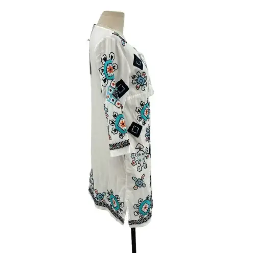 Frances Valentine Capri Tunic Dress Oyster White Blue Embroidery Size XS