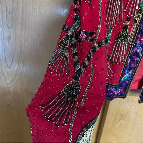 Laurence Kazar Vintage Silk Beaded Jacket Red Size Small 80s Funky Art to Wear