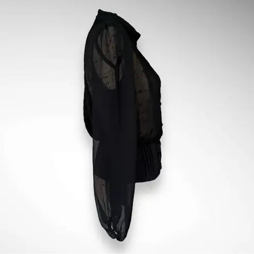 AN'GE Black Long Sleeve Semi Sheer High Neck Blouse W/ Pleated Detailing | EUC