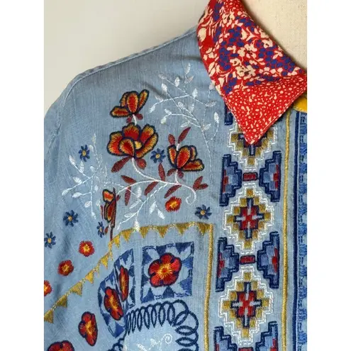 John Mark Shirt Women Large Blue Embroidered Floral Aztec Button Up Boho Cottage - Image 7