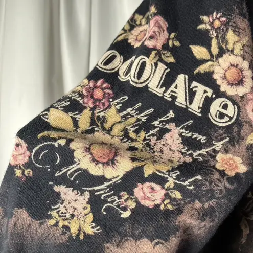 Katina Marie Floral Chocolate Rhinestone Print Long Sleeve Top Womens L USA Made Black Size L