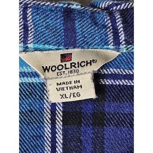 Woolrich  Blue Flannel Shirt Long Roll Tab Sleeve Button up Pocket Womens Size XL