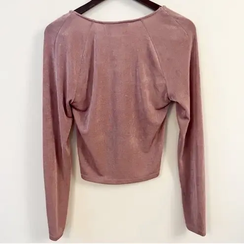 Elodie Mauve Pink Metallic Long Sleeve Cut out Blouse V-Neck Keyhole XL New