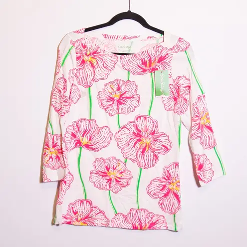 NEW Lilly Pulitzer Andie Cotton Quarter Sleeve Tee Shirt Resort White Clover Cup