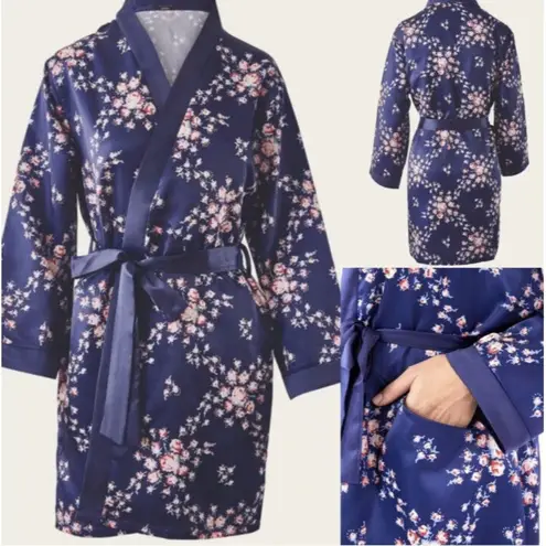 Morgan Lane  x FabFitFun Women's S/M ~ ALLIE ROBE Blue Floral Satin NIP