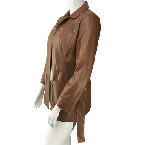 Chico's  Womens Sz 1 US 8 M Vegan Leather Utility Jacket Camel Mid Length Belt NEW