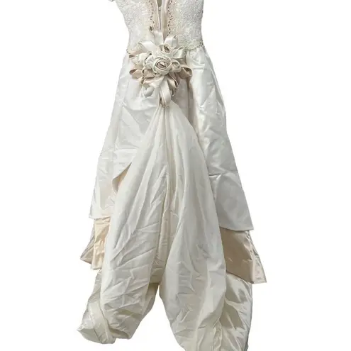 Mon Cheri Vintage White Brown Beaded Pearl Bow Sleeve Detail Satin Ballgown Wedd