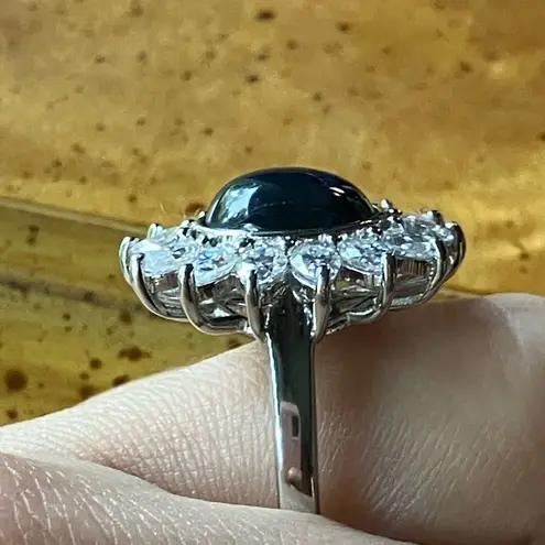 Natural Blue Star Sapphire Moissanite Sterling Silver Cocktail Ring Size 8