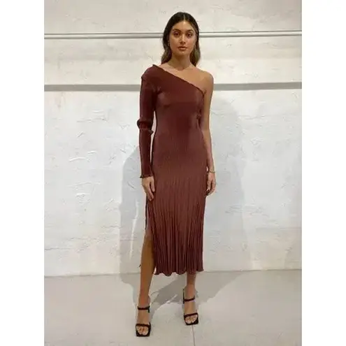 L'idee Soiree One Shoulder Long Sleeve Midi Dress in Chocolate Size 8 Brown