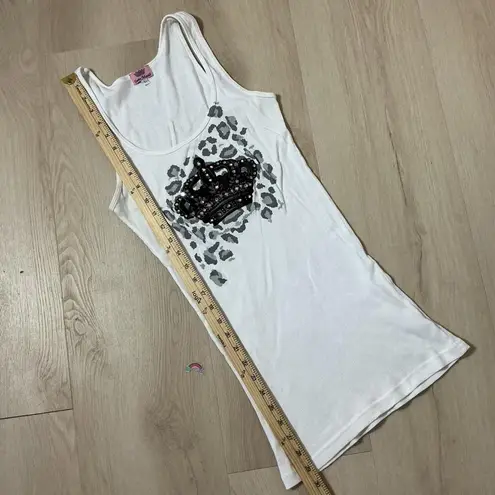 Y2K Yvette Mandell White Ribbed Tank Top Crown Rhinestone Leopard Print Size L Size L