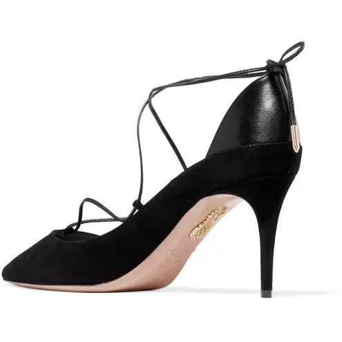 Aquazzura Fellini women’s leather-trimmed black suede pointed-toe pumps IT 37