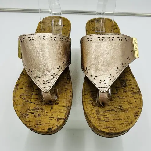 Vionic Anitra Sandals Women Size 9 Rose Gold Cork Wedge Thong Orthaheel