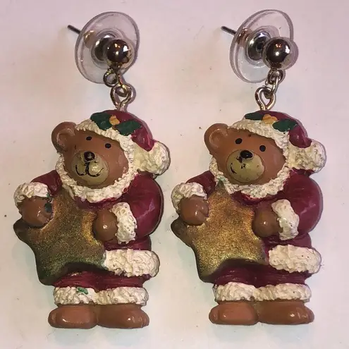 Vintage Festive Bear Earrings with Gold Tone Star Red