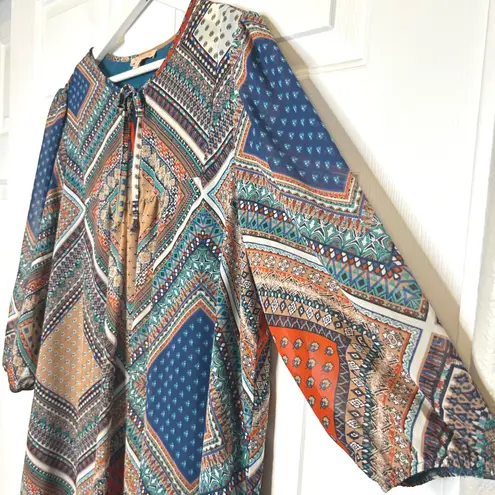 Gibson Latimer Gibson + Latimer Boho Geometric Print Tie Neck Midi Dress M