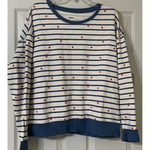 Pact  Crewneck Sweatshirt Organic Cotton Ivory W Blue Stripes & Red Hearts XL EUC