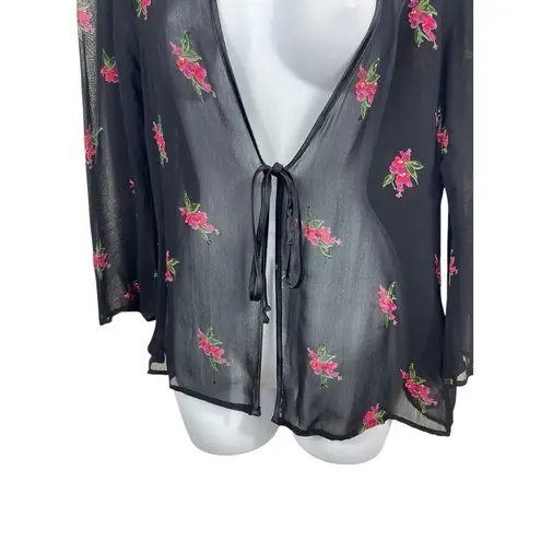 VTG Dressbarn Black Sheer Red Floral Open Tie Front L Top 90s Y2K Size L