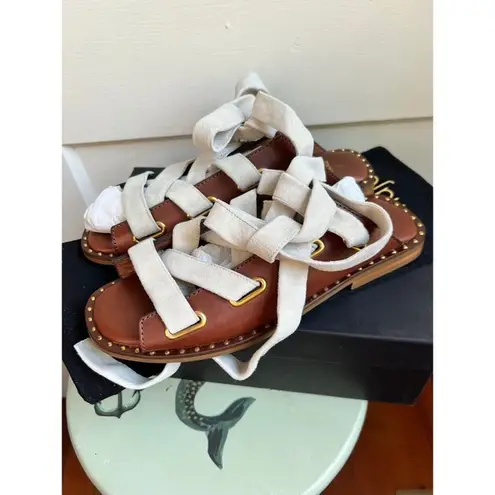 Maje NWT Fidil Flat Gladiator Sandals Size 39 Brown Leather Ivory LaceUp Studded