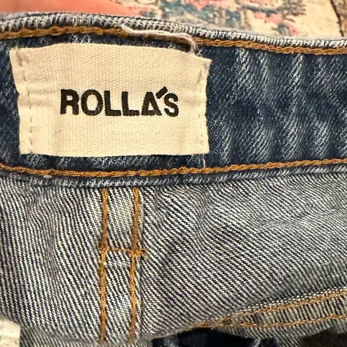 ROLLAS DUSTER HIGH RISE SLIM BLUE DENIM JEAN DISTRESSED SHORTS 27