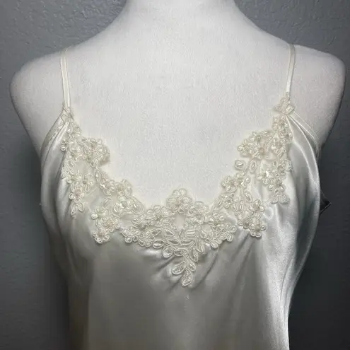 Ivory Satin Beaded Gown Slip Dress Womens XL Bridal Lingerie Romantic Bow