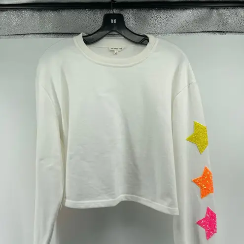 Mainstrip White Cropped Sweatshirt Sequin Star Patches Sleeves Size Large