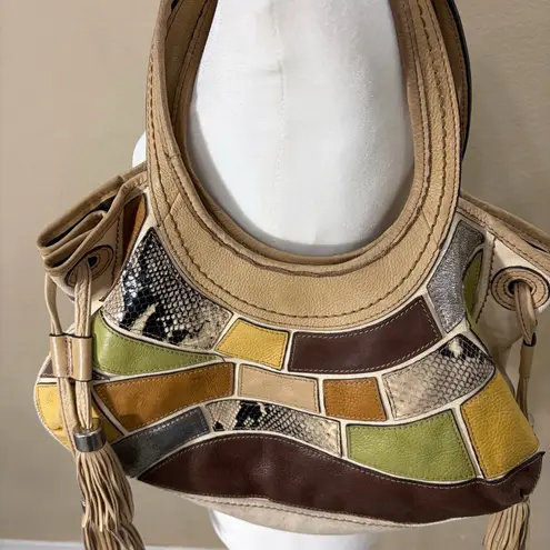 Fossil  Fifty Four Patchwork Multicolor Fringe Leather Hobo Shoulder Bag Western