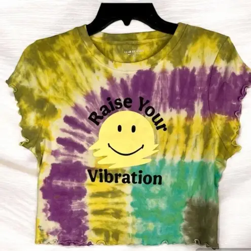 Year of Ours Rainbow Tie Dye Smiley Face Graphic Tee Cropped Baby Top L Yellow Size undefined