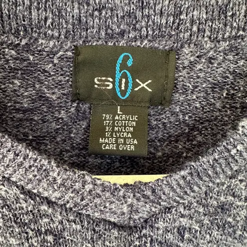 Vintage 90s 6ix Blue Fair Isle Sweater Ribbed Knit Size L Made in USA