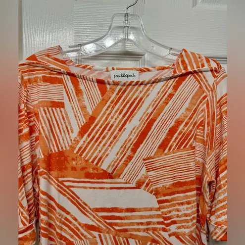 Peck & Peck  Women's Orange & White Boat Neck Short Sleeve Stretch Blouse Shirt L