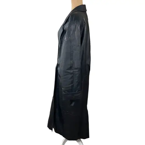 Leather Trench Coat Black VTG M Medium 2