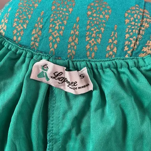 Lapogee Dress Teal Gold Boho Mini Short Sleeve Cover Up Beach Blue